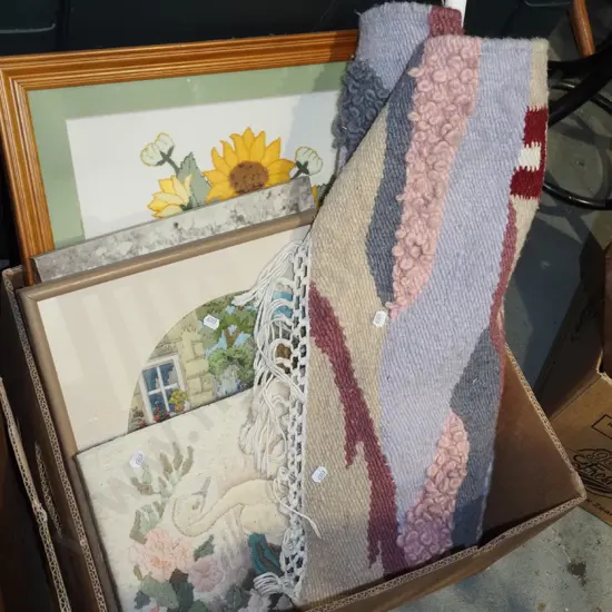 box; needleworks, prints, woven wall art