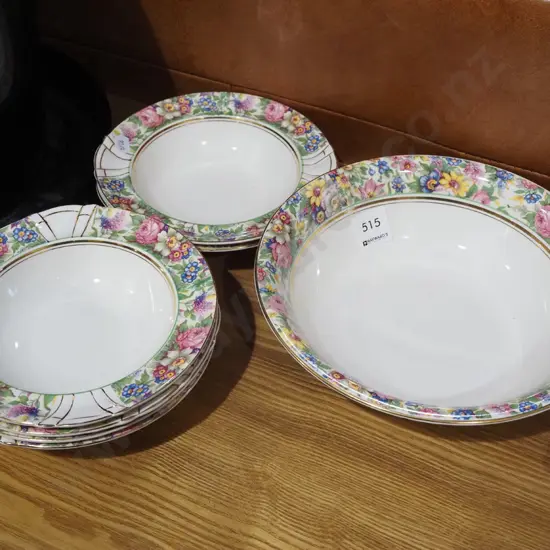 Palissy pottery floral sweet set - large bowl has small chip