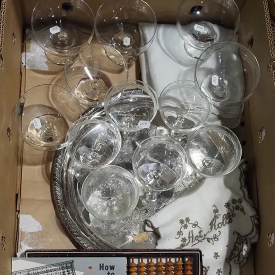 box; plated tray, abacus, crystal glasses etc