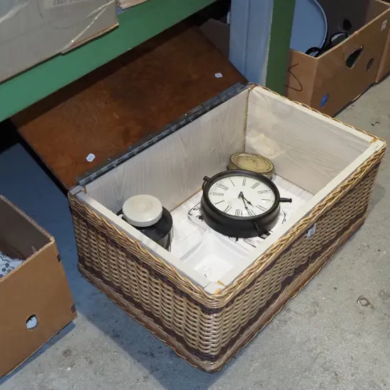 picnic hamper and contents; books, mantle clock etc