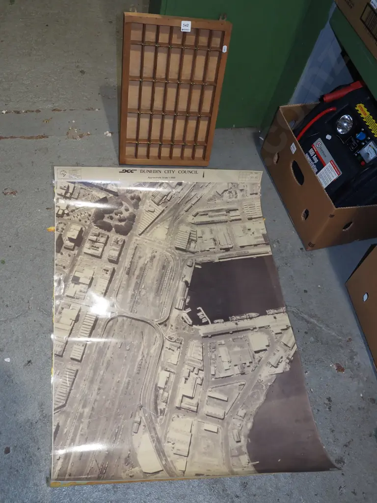 small typesetters tray H420, laminated aerial photograph of Dunedin railway yards Image 1++