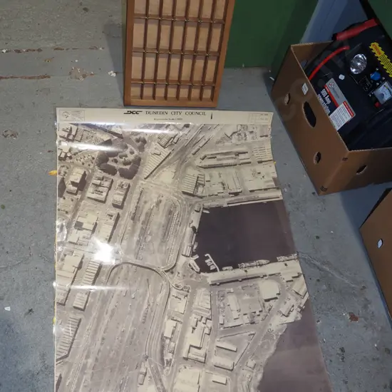 small typesetters tray H420, laminated aerial photograph of Dunedin railway yards