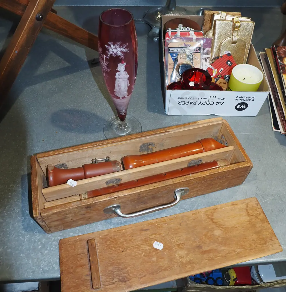 large vintage recorder in wooden box, cracked Mary Gregor stemmed vase H290 Image 1++