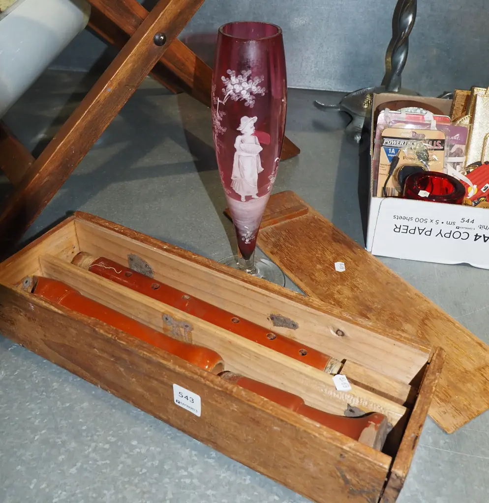 large vintage recorder in wooden box, cracked Mary Gregor stemmed vase H290 Image 1++