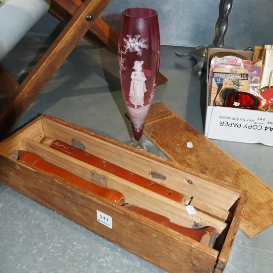 large vintage recorder in wooden box, cracked Mary Gregor stemmed vase H290