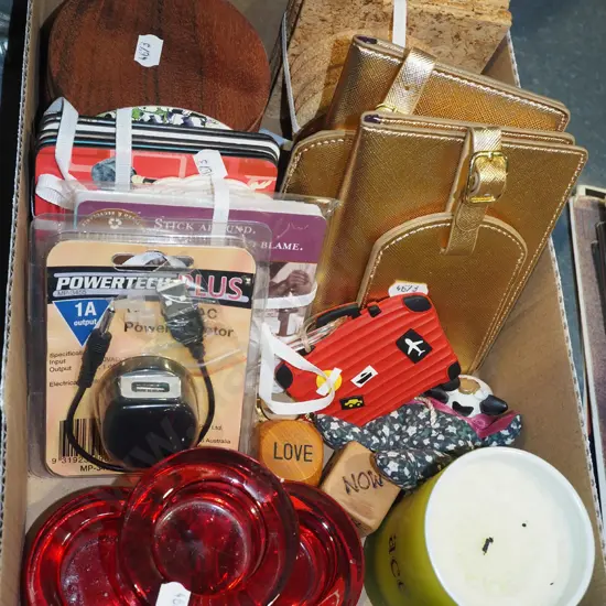box; ruby glass tea candle holders, coasters