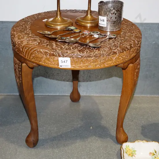 heavily carved hardwood cab leg end table H340 Diam350