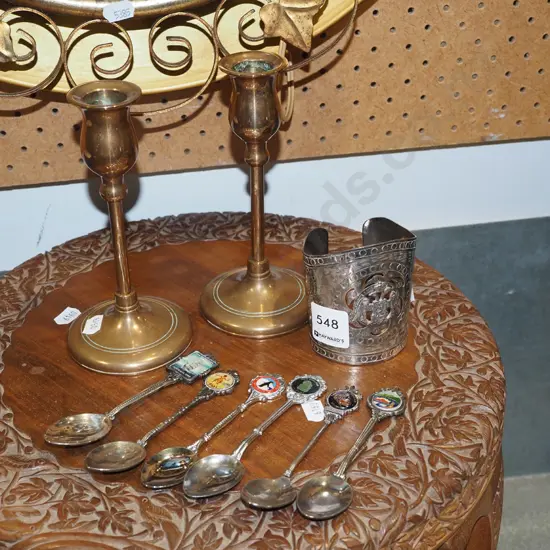 brass candlesticks H160, teaspoons, plated bracelet