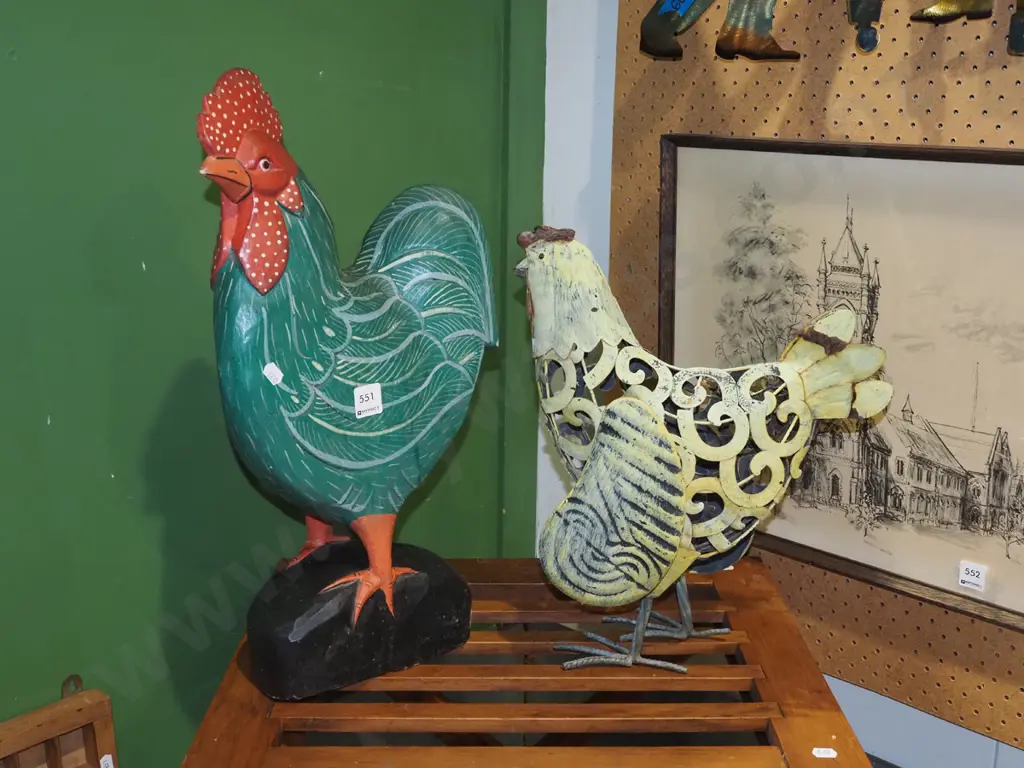 carved wooden chicken, metal chicken Tallest H490 Image 1++