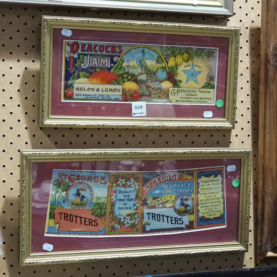 framed Peacocks jam label, St George trotters label - green dots