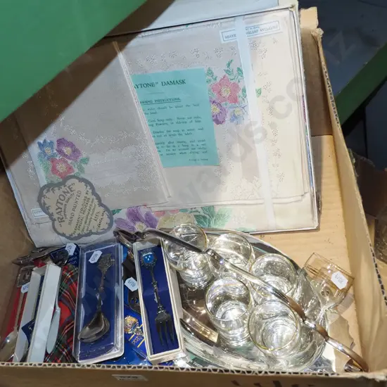 box; Irish linen, teaspoons, shot glasses etc