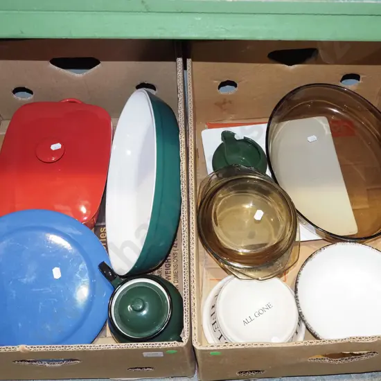 2 boxes; glass baking trays, ceramic baking trays, dog bowl etc - green dots