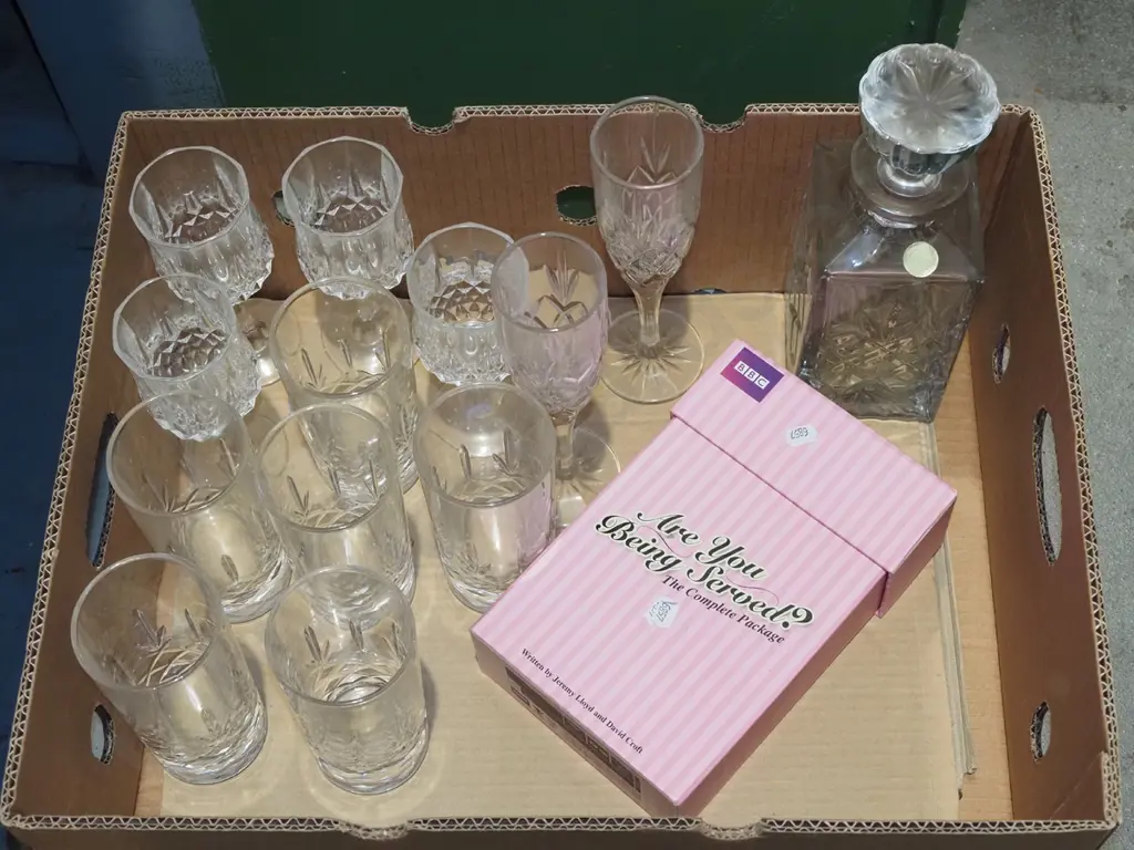 box;  DVDs, decanter crystal tumblers etc Image 1++