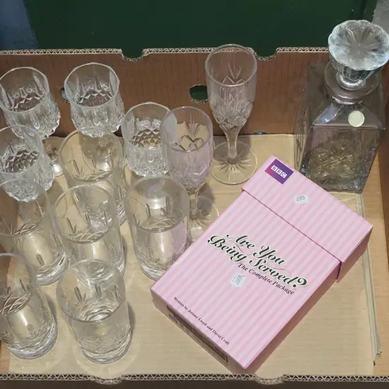 box;  DVDs, decanter crystal tumblers etc