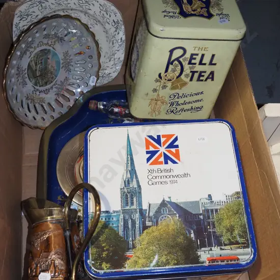 box;cake tins, tea tins, pressed copper jug etc
