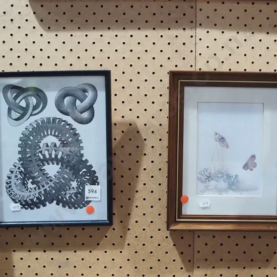 framed Escher? print, framed buttfly print - red dots