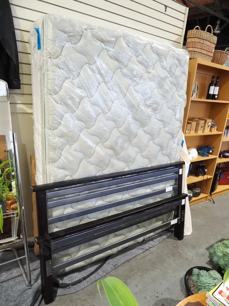 queen slat bed base, mattress and headboard and end Image 1++