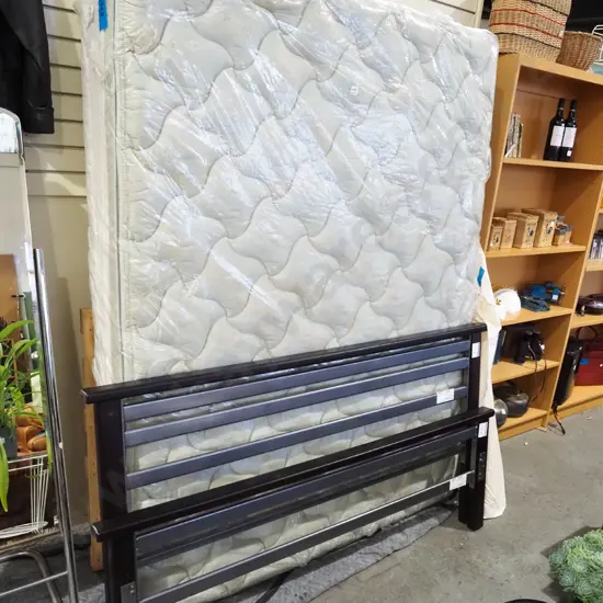 queen slat bed base, mattress and headboard and end