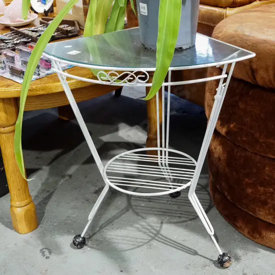 mid century metal and glass corner table H580 W380 D380