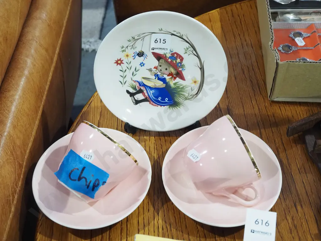 Crown Lynn nursery rhyme plate, 2x pink cups and saucers - 1 saucer has chip to edge Image 1++