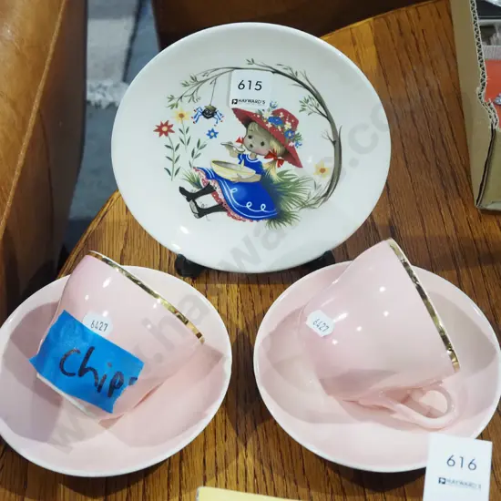 Crown Lynn nursery rhyme plate, 2x pink cups and saucers - 1 saucer has chip to edge