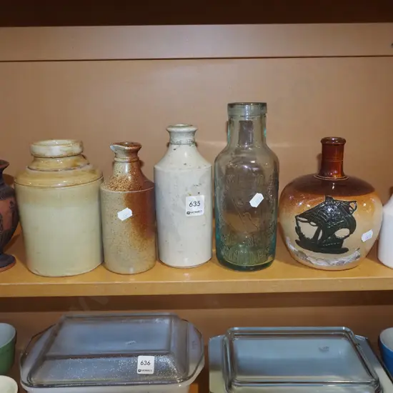 shelf; ink bottles, pickle bottles etc