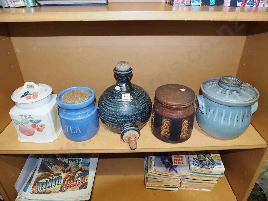 shelf; lidded casserole, pottery stopperd bottle, tea canister etc Image 1++