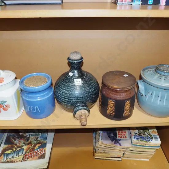 shelf; lidded casserole, pottery stopperd bottle, tea canister etc