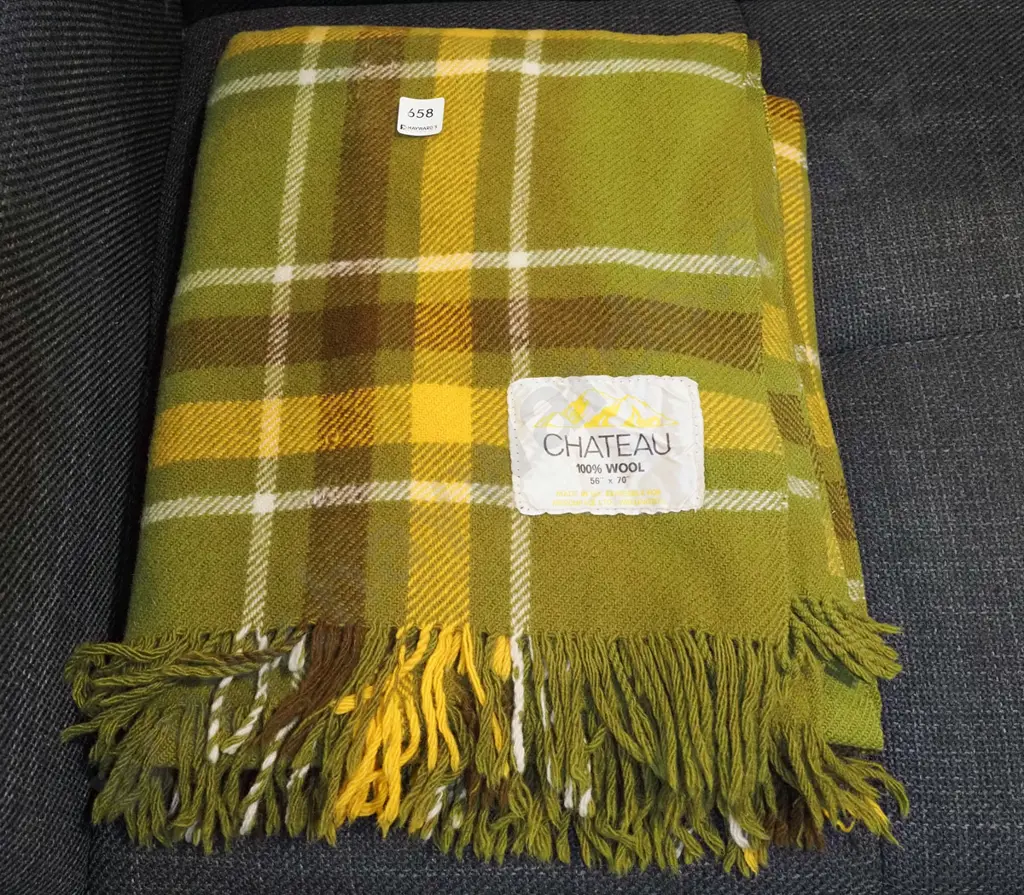 yellow and green checked woollen travel blanket Image 1++