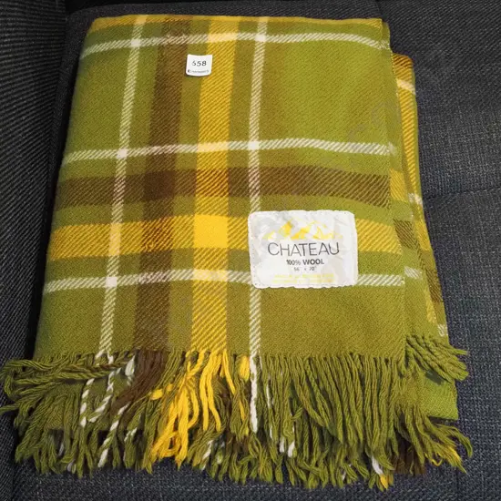 yellow and green checked woollen travel blanket