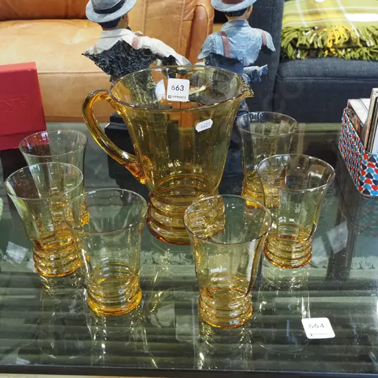 amber glass water jug with 6 tumblers