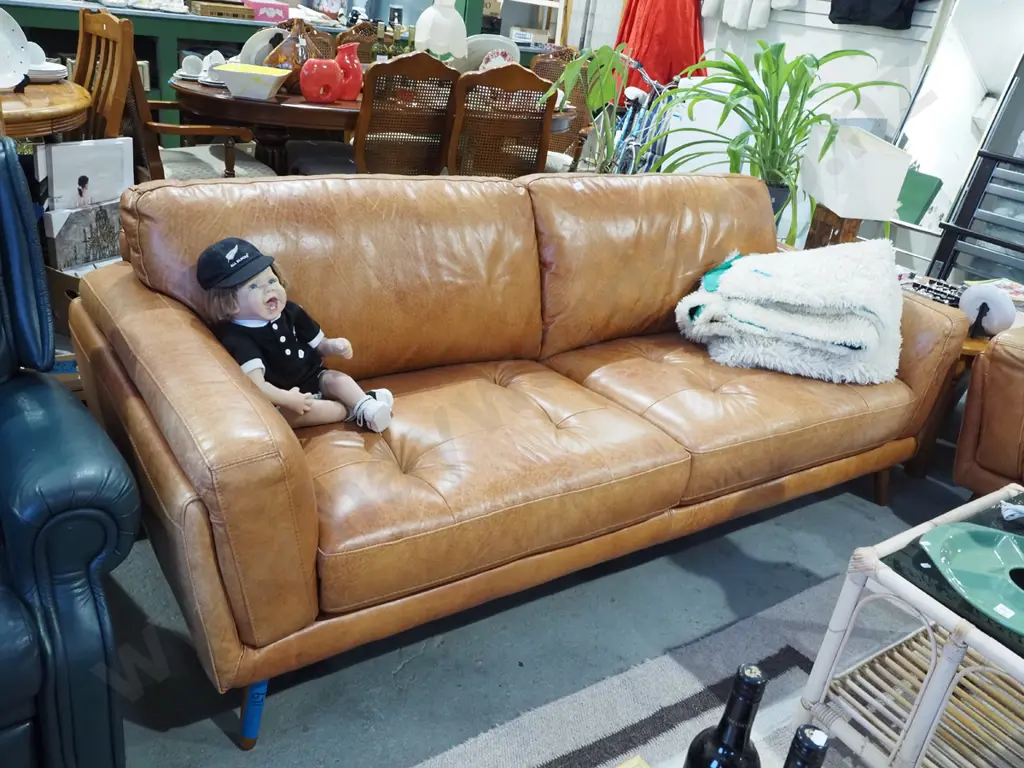 brown leather 2 piece lounge suite - 3 seater and 1 single - good condition apart from some staining to settee Image 1++