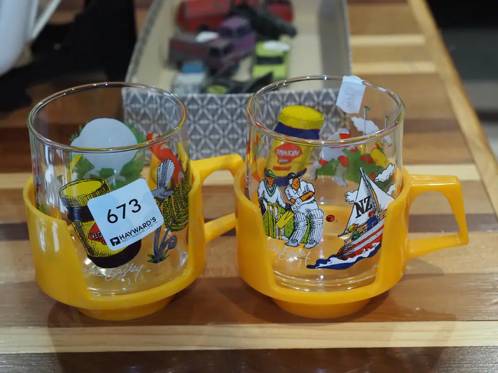 2x 1980s Vegemite glasses with plastic cup handles Image 1++