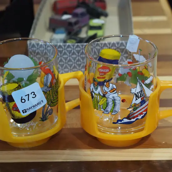 2x 1980s Vegemite glasses with plastic cup handles
