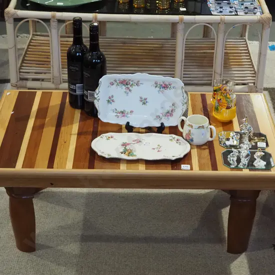 homemade mixed timbers wooden table with half turned legs H370  W920 D520