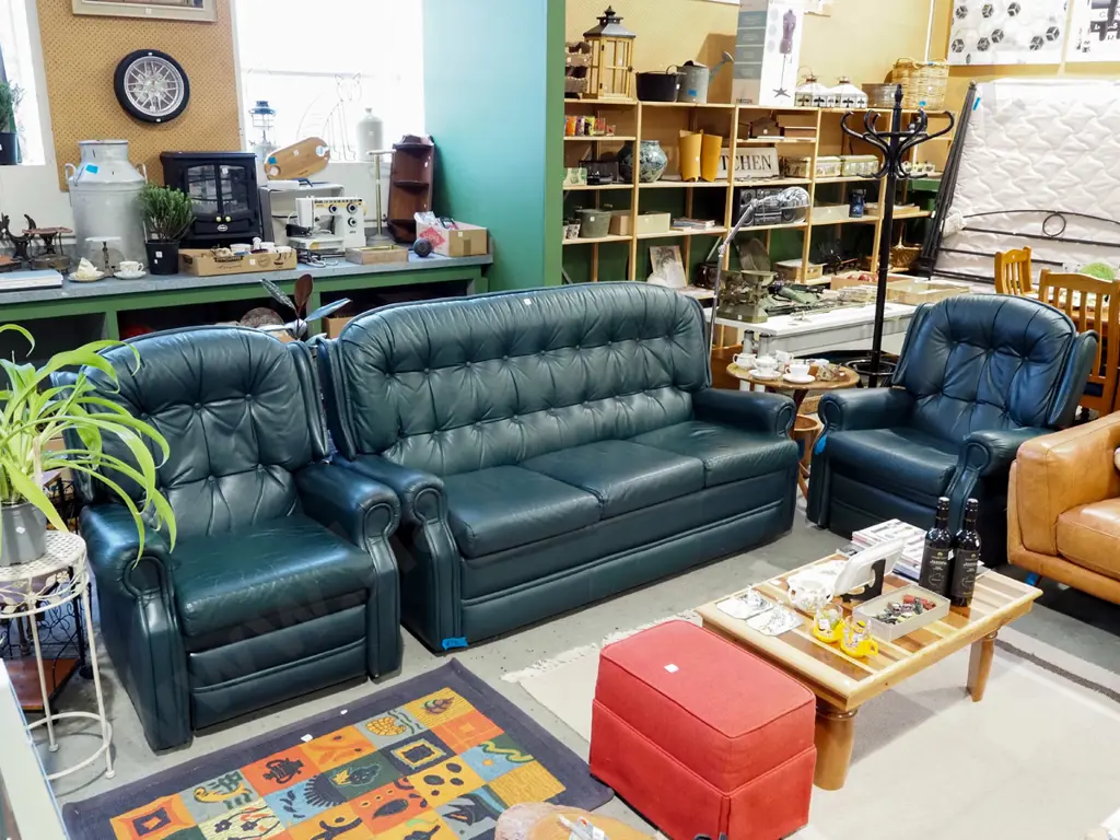 deep buttoned green leather upholstered 3 piece wingback lounge suite - 3 seater and 2 singles Image 1++