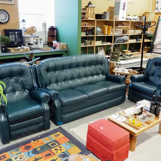 deep buttoned green leather upholstered 3 piece wingback lounge suite - 3 seater and 2 singles