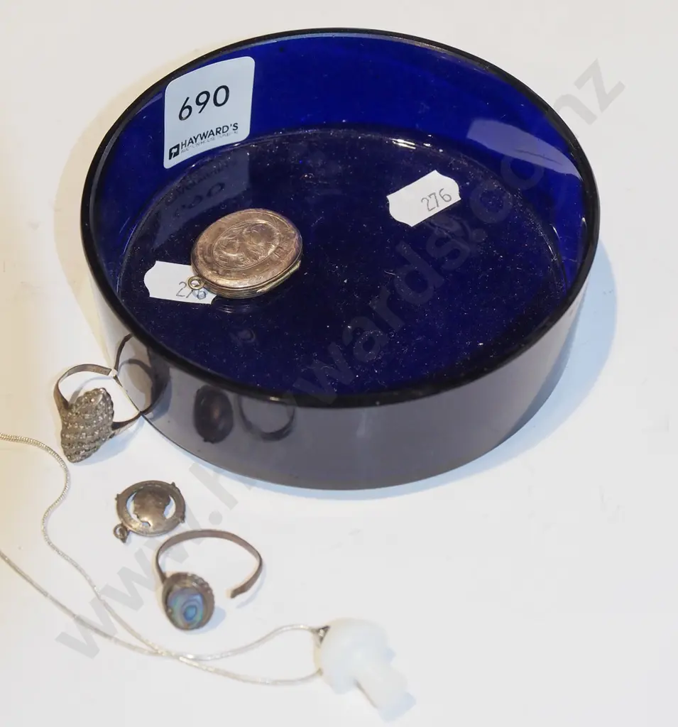 blue glass dish, sterling silver chain mushroom pedant necklace, 2x damaged sterling silver rings etc Image 1++