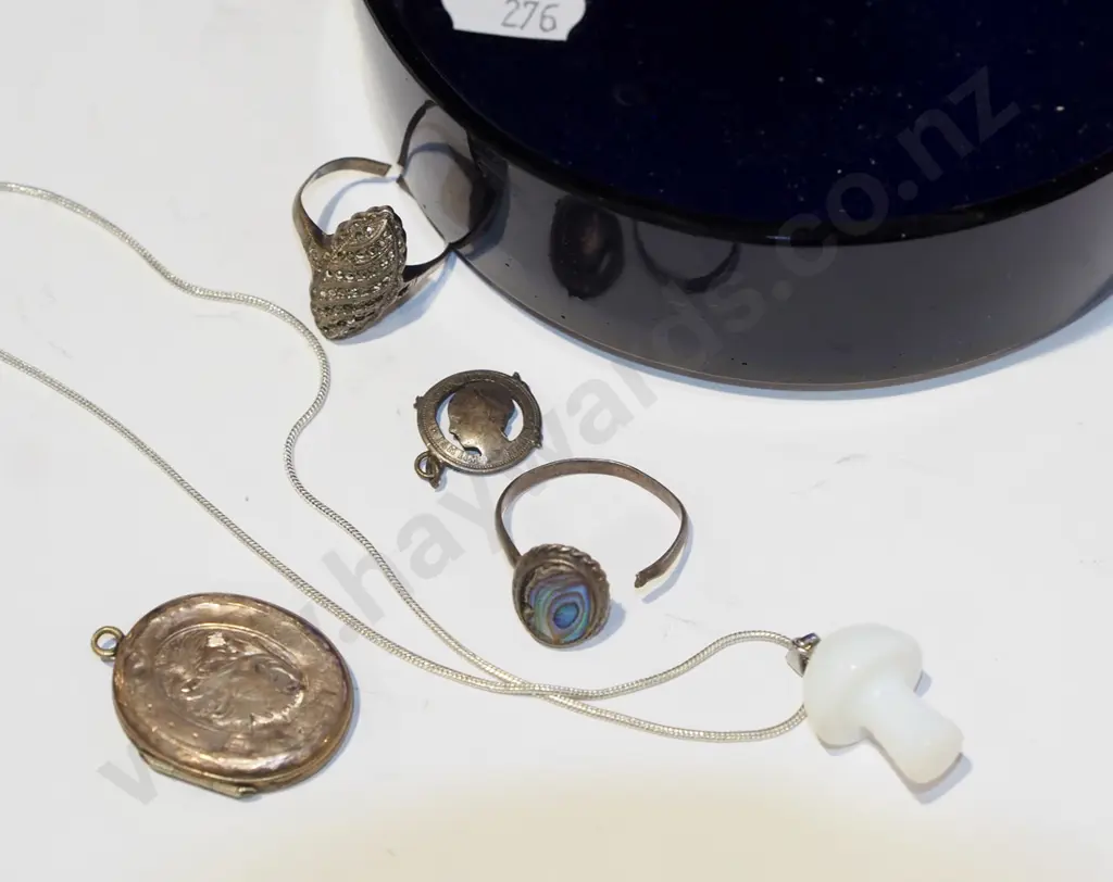 blue glass dish, sterling silver chain mushroom pedant necklace, 2x damaged sterling silver rings etc Image 1++