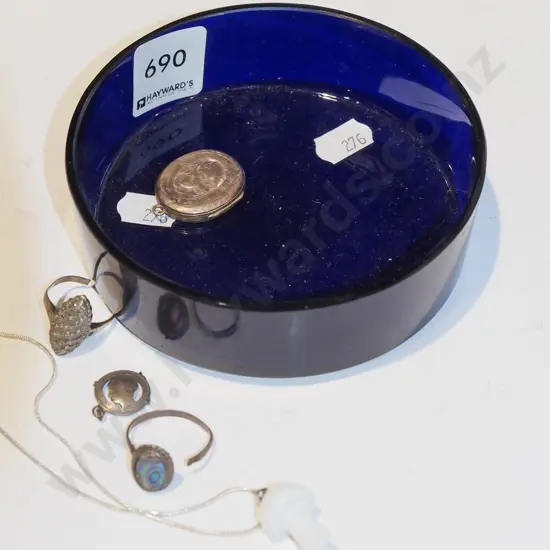 blue glass dish, sterling silver chain mushroom pedant necklace, 2x damaged sterling silver rings etc
