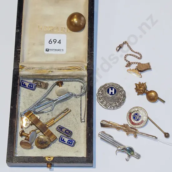 wooden box; badges, cufflinks, tie pins etc