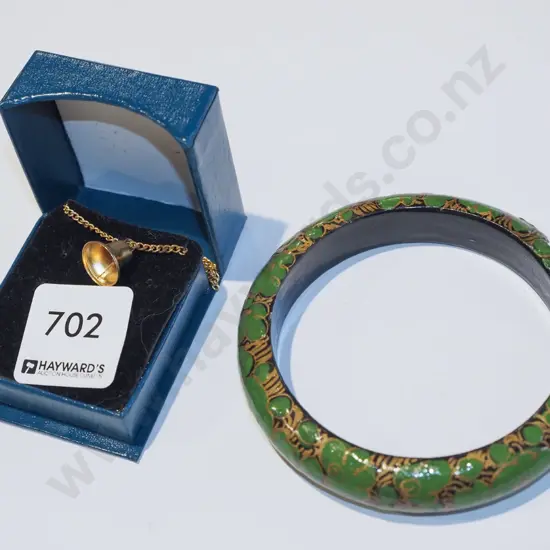 green bangle & bell pendant necklace
