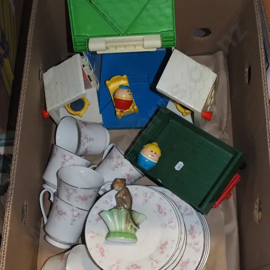 box; chinese cups, saucers, plates, children's toys etc