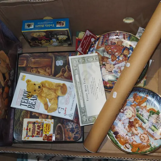 box; teddy bear plates, poster, place matts, VHS etc
