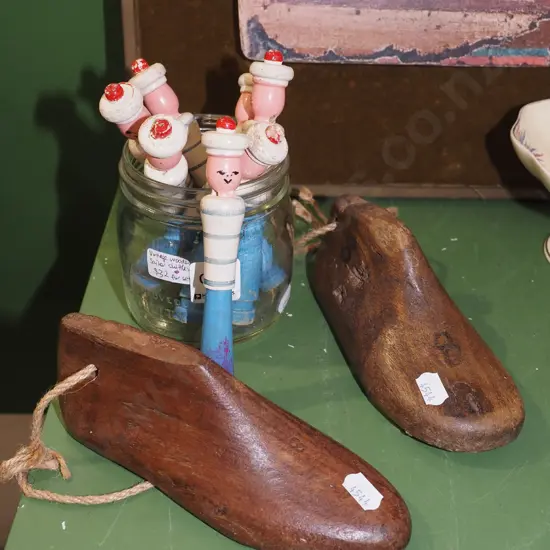 child's shoe lasts, jar of vintage sailor skittles