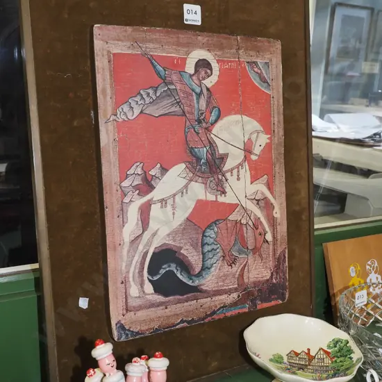religious print on board with velvet surround - St George