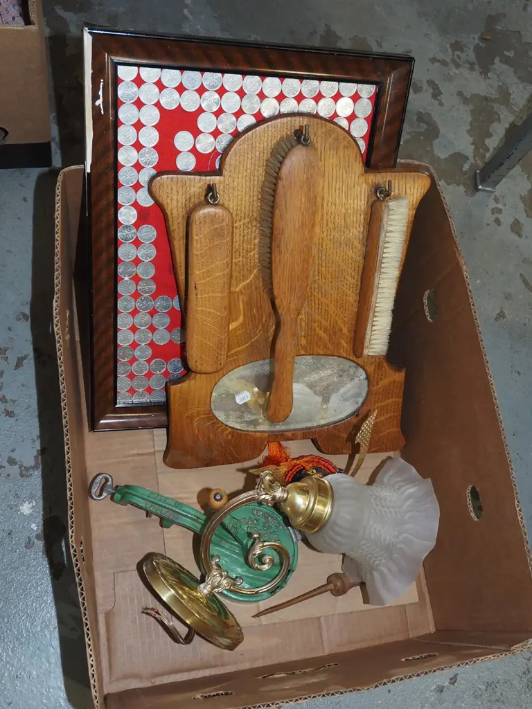 coins on board, oak hanging mirror brush set- silvering  etc Image 1++