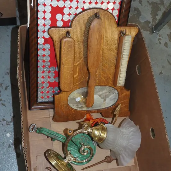 coins on board, oak hanging mirror brush set- silvering  etc