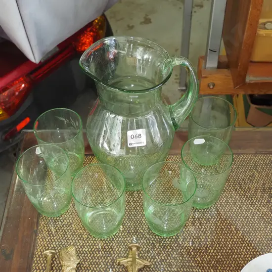 rose etched green glass water set with 6 tumblers H250