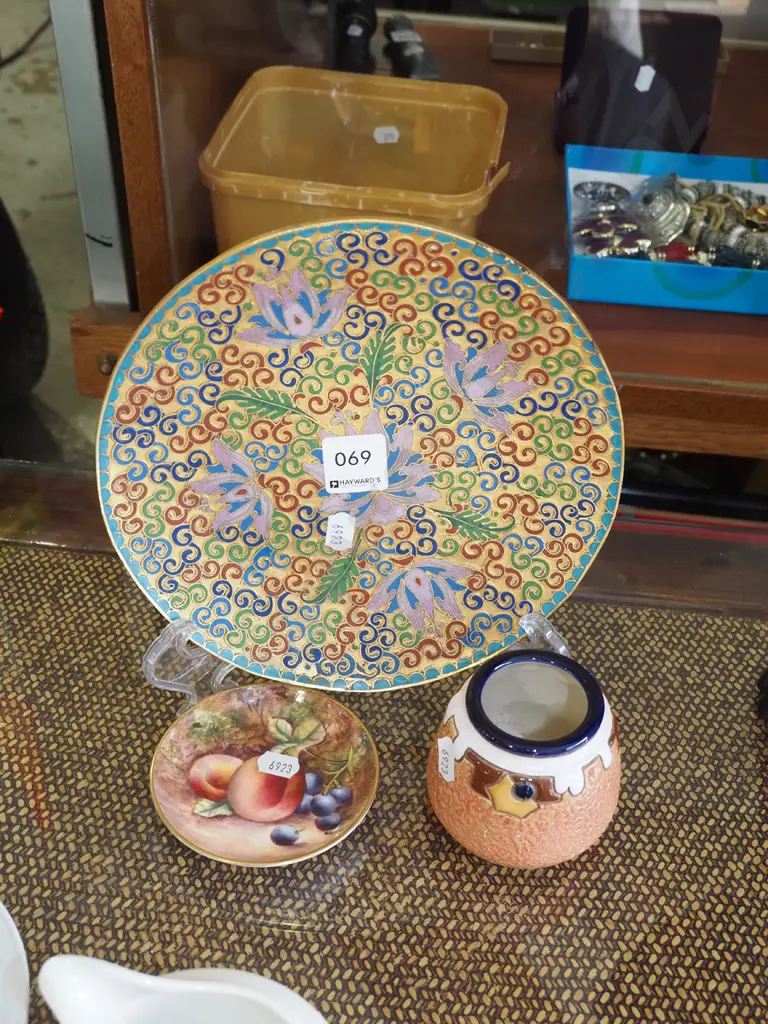 cast brass cloisonne style plate, signed Royal Worcester dish, small Amphora vase Image 1++